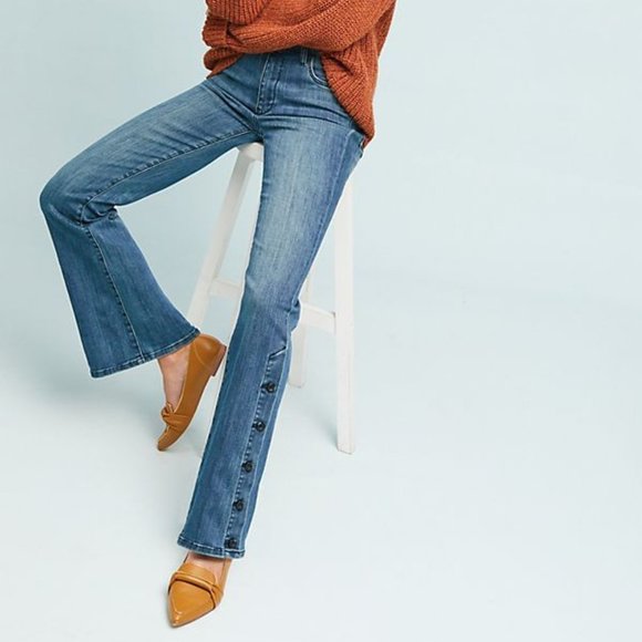 Pilcro Anthropologie high rise Boot cut jeans Retro Flared Buttons Hem size 28 - Picture 13 of 14